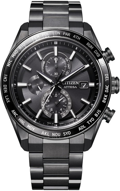 [CITIZEN] 腕時計 ATTESA (電波時計/防水/サファイアベゼル) AT8294-59E 軽量 チタン 光発電エコ・ドライブ サファイアガラス メンズ ビジネス アナログ クロノグラフ ブラック 黒 黒文字盤 電波ソーラー