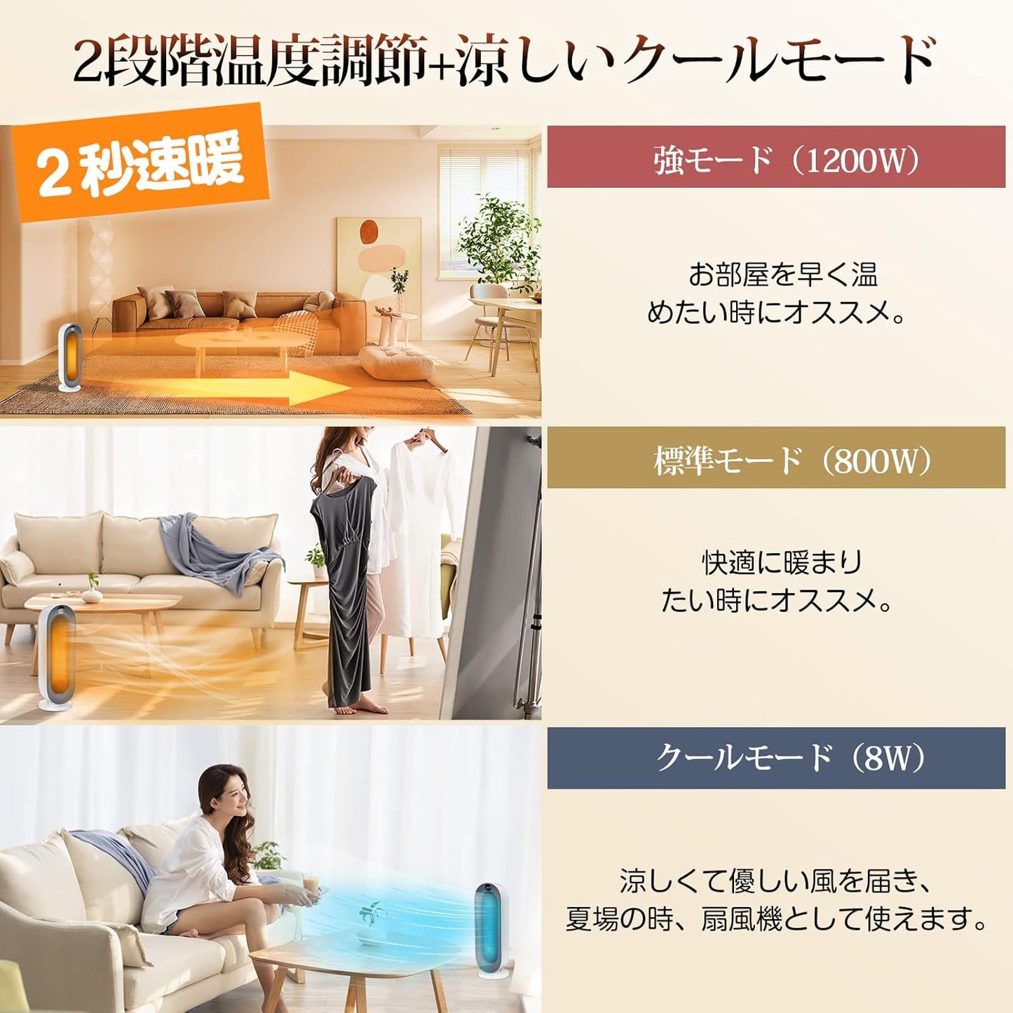 『2025冬新型』 セラミックヒーター 【ECO知能恒温 節電対策】 セラミックファンヒーター 暖房器具 省エネ 電気 首振り 3段階温度調整 800W/1200W 切り忘れ防止 二重過熱保護 転倒OFF タイマー機能 リモコン付き 大風量 速暖 電気ストーブ 電気ヒーター 足元 スリム タワー 脱衣所 寝室 トイレ 日本語取扱説明書 8畳 S720 クリーム