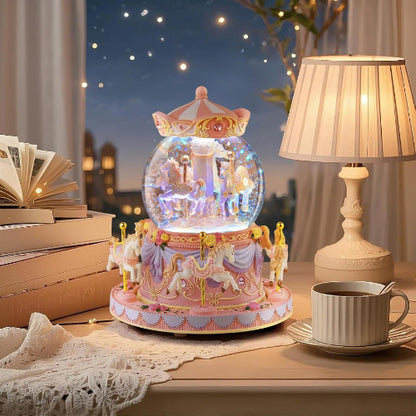カルーセルオルゴール 誕生日、記念日、バレンタイン、クリスマスへのギフト馬のスノードーム、手塗りのオルゴール、カラーライト