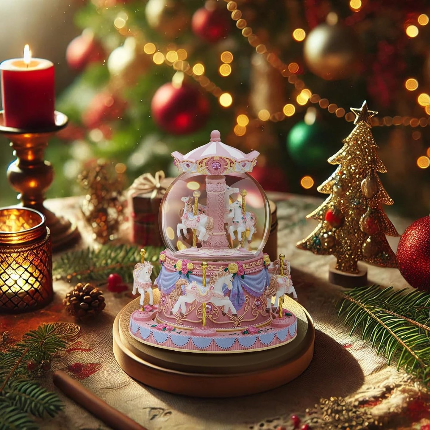 カルーセルオルゴール 誕生日、記念日、バレンタイン、クリスマスへのギフト馬のスノードーム、手塗りのオルゴール、カラーライト